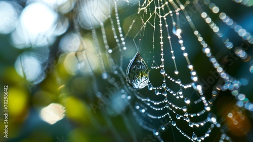 spider web with dew drops in the morning light. macro shot