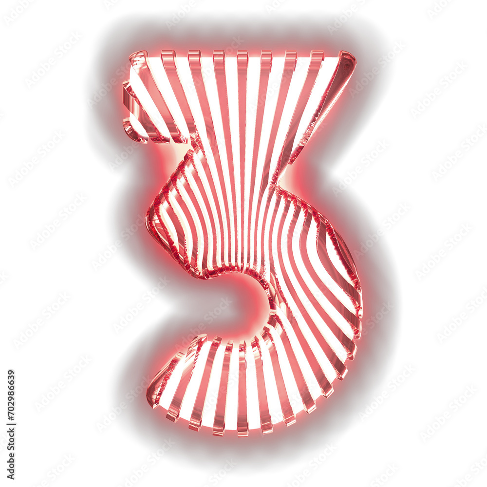 White symbol with ultra thin red luminous vertical straps. number 3 White symbol with ultra thin red luminous vertical straps. number 3