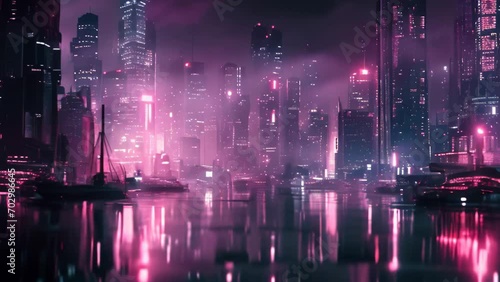 Calm cyberpunk ambience with neo noir megapolis in neon lights and a lake with a boat cinematic cityscape photo