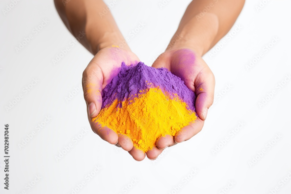 Colorful holi powder in hands on white background Colorful holi powder in hands on white background