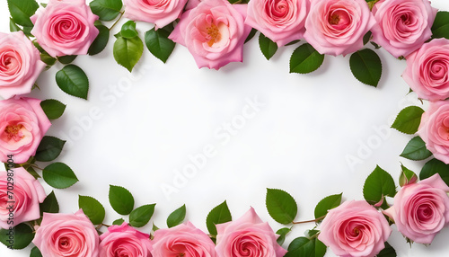 Rectangle frame of fresh pink tea rose flowers with green leaves on white background isolated. Top view  flat lay for valentine s day created with generative ai