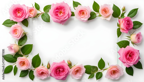 Rectangle frame of fresh pink tea rose flowers with green leaves on white background isolated. Top view  flat lay for valentine s day created with generative ai