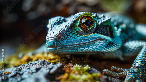 Close up of a blue lizard on the ground in the forest. 