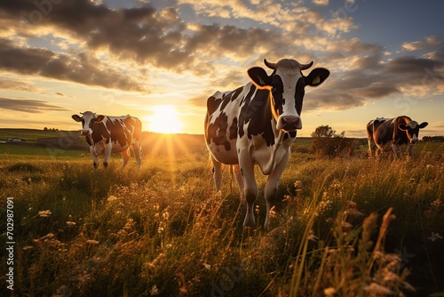 Cows grazing on a field with sunset sky photo