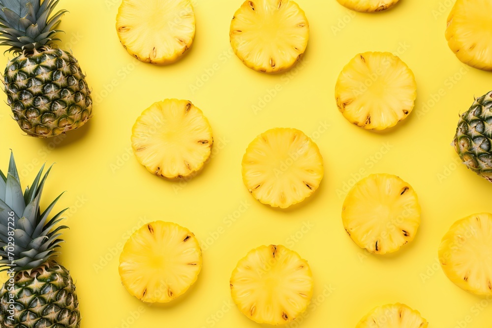 Ripe sliced pineapples on yellow background Ripe sliced pineapples on yellow background