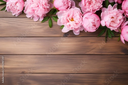 Flat lay of pink peony flowers with copyspace on wooden background