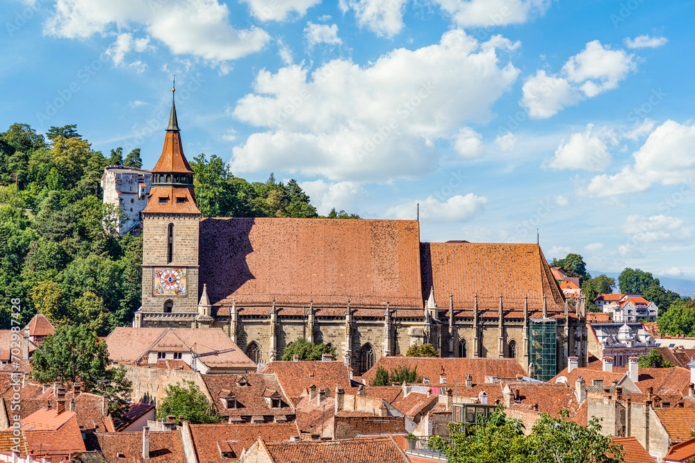 Aerial view with The black church (Biserica Neagra) located in the center of Brasov. Famous tourist attraction.