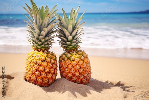 Ripe pineapples on beach sand