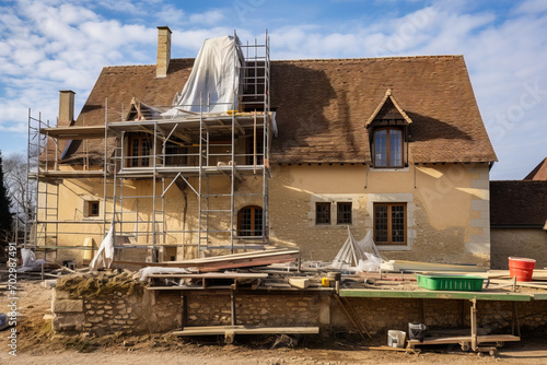 Old house under renovation with external scaffolding. photo