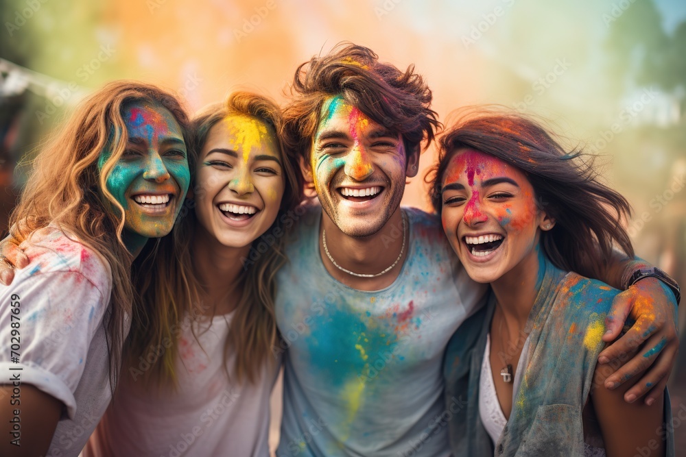 Fototapeta premium Happy friends with face smeared with colors on holi festival