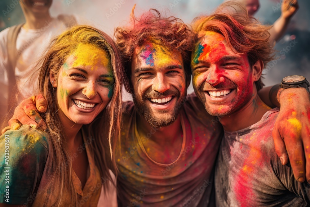 Happy friends with face smeared with colors on holi festival Happy friends with face smeared with colors on holi festival