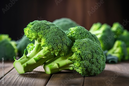 Green ripe broccoli on wooden background