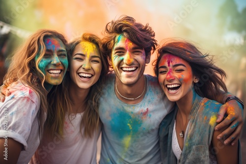 Happy friends with face smeared with colors on holi festival