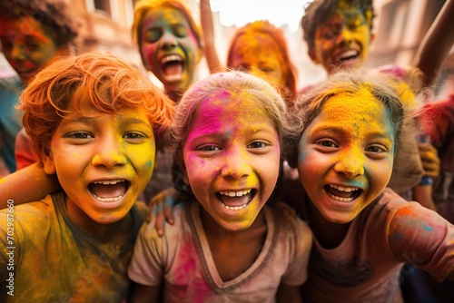 Childrens with face smeared with colors on holi festival