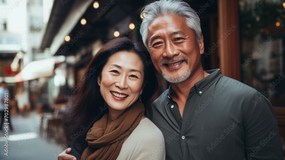 Portrait Asian middle aged couple in urban city - obrazy, fototapety, plakaty 