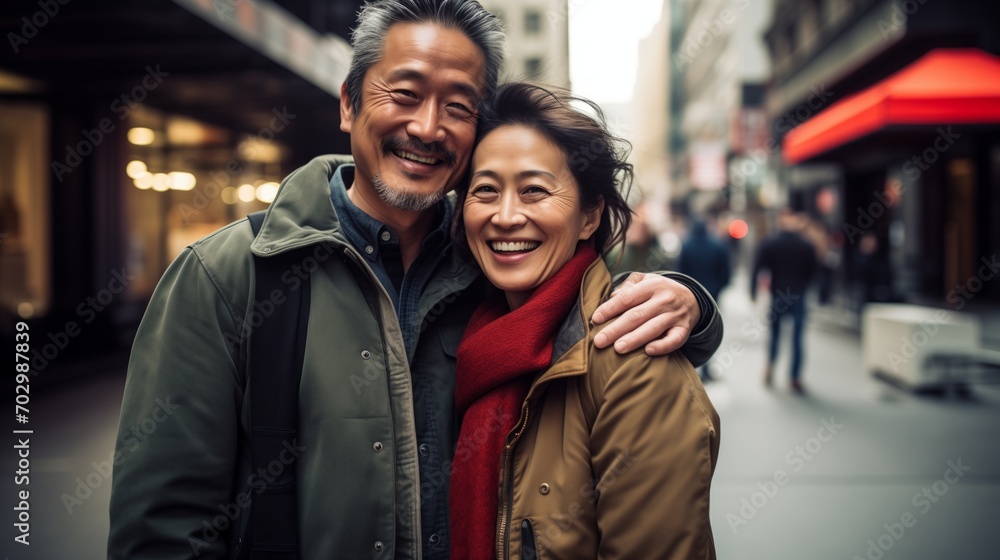 Portrait Asian middle aged couple in urban city - obrazy, fototapety, plakaty 