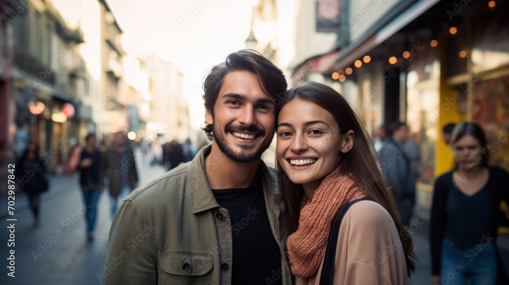 Modern urban couple, a young Latin couple, smiles happily. Modern urban couple, a young Latin couple, smiles happily.