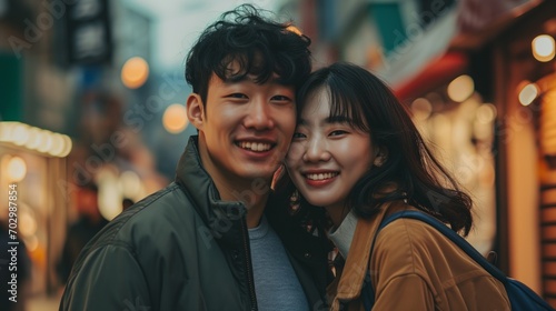 Portrait young Asian Korean couple in urban city
