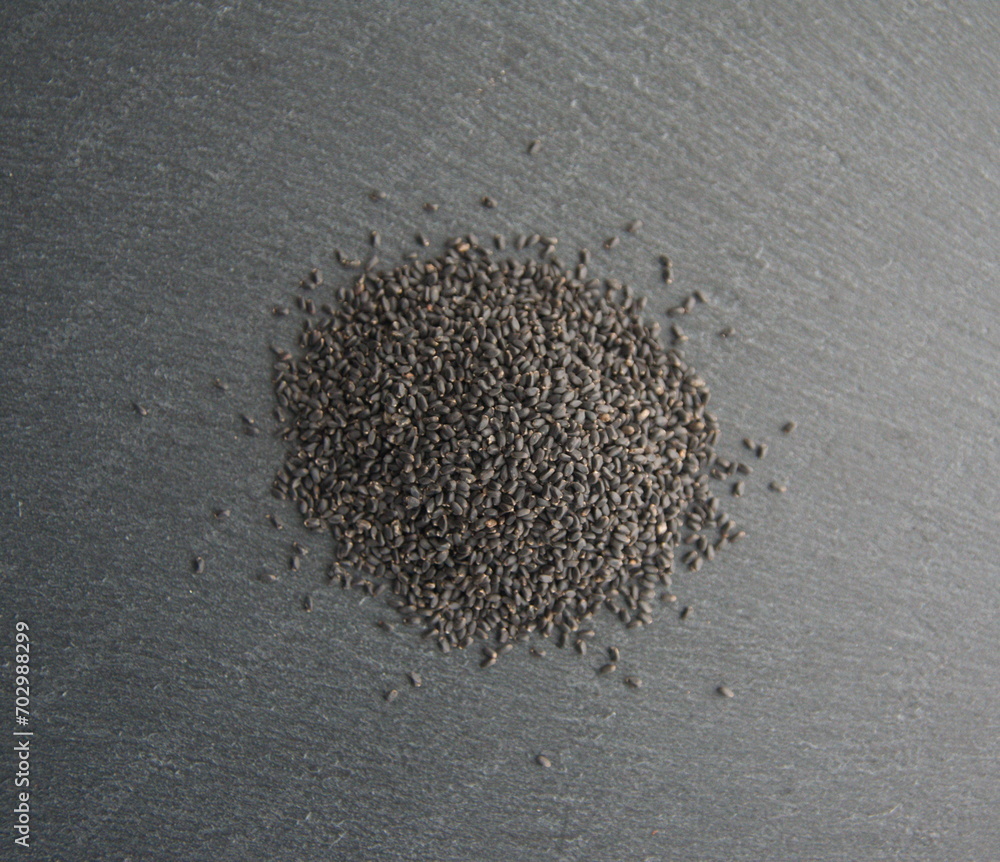 Basil seeds, Ocimum basilicum, on dark grey background Basil seeds, Ocimum basilicum, on dark grey background