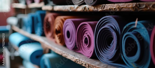 Rolled-up yoga mats stored on a shelf in the closet. photo