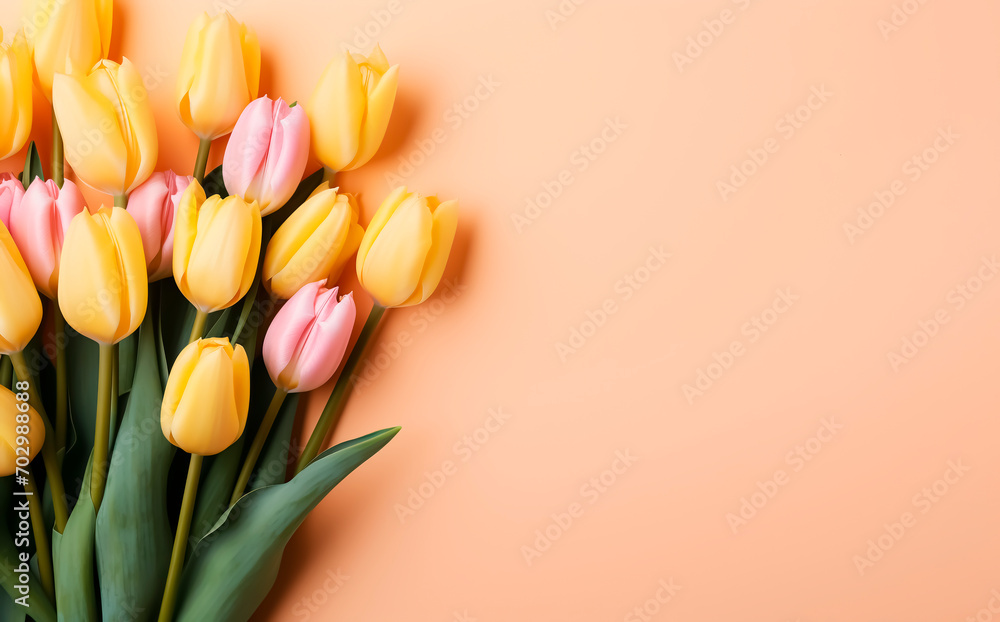 Pink and yellow tulips isolated on beige background. Spring flowers frame or border. Banner template for Happy Easter card or Women's, Mother's day holiday. Flat lay, top view