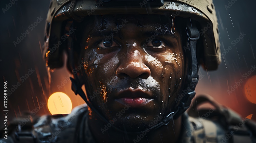 Close-up african soldier male in camouflage uniform in war. Concept of mental health, psychotherapy, depression, PTSD, rehabilitation. Close-up african soldier male in camouflage uniform in war. Concept of mental health, psychotherapy, depression, PTSD, rehabilitation.