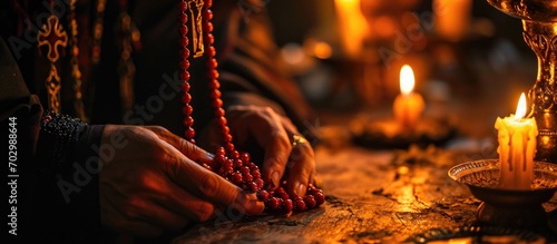 Monk's hand holds red rosary, candlelit room. photo