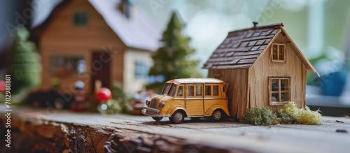 Close-up of tiny wooden house and car. photo
