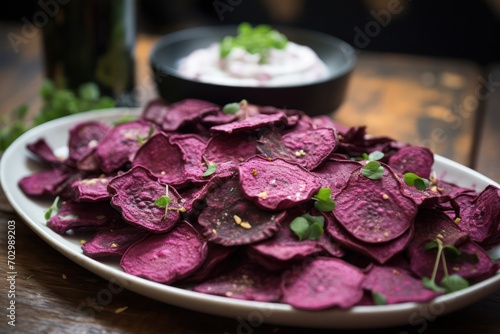 beetroot chips with aioli sauce in restaurant or in the kitchen. Vegan or vegetarian snack. photo