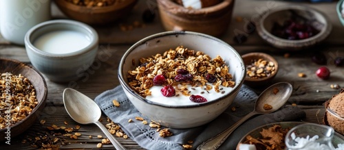 Fiber-rich breakfast: Crunchy granola with flax, cranberries, and coconut, milk on table. © 2rogan