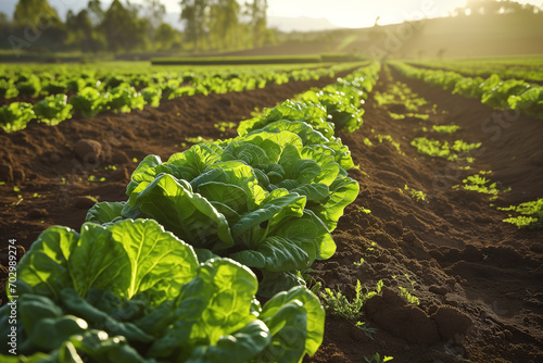 Fresh Lettuce Growing in Agricultural Field at Sunrise