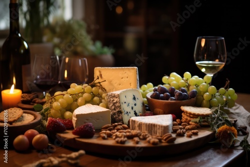 cheese plate at dinner table. Wine, fruit, Mediterranean diet.