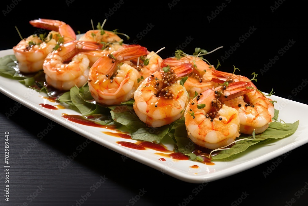 vegan shrimp appetizer at restaurant on white plate on black background vegan shrimp appetizer at restaurant on white plate on black background