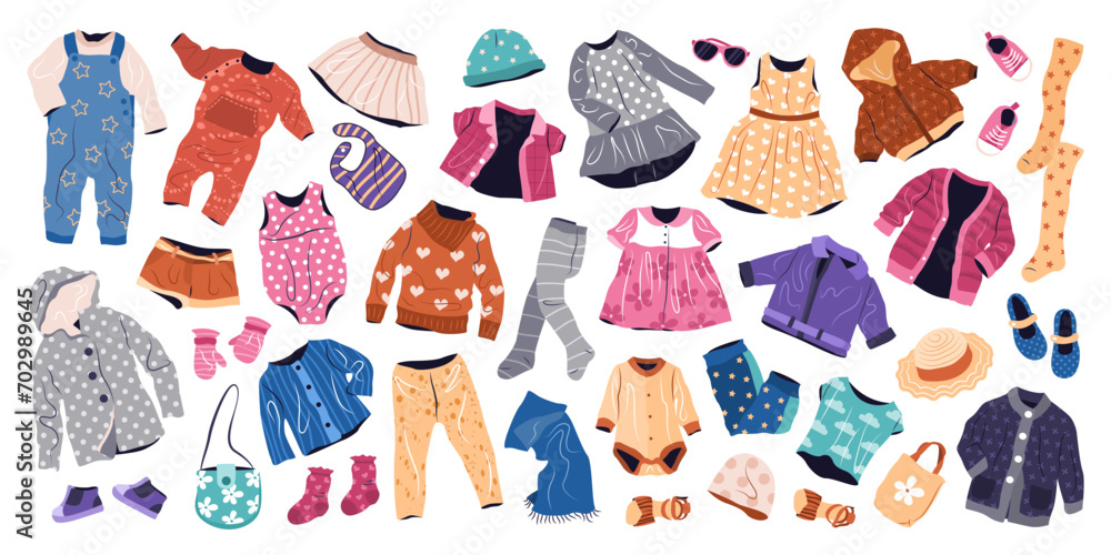 Casual clothes set for kids. Summer and spring fashion garments for boys and girls. Collection of stylish children wearing. isolated flat vector illustrations on white background.