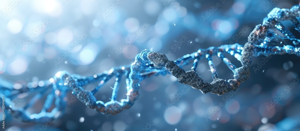 DNA molecules depicted in a blue background, representing genetic research, medical laboratory, or molecular diagnostics. The visualization is created using 3D rendering. DNA molecules depicted in a blue background, representing genetic research, medical laboratory, or molecular diagnostics. The visualization is created using 3D rendering.