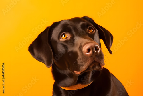 Dog smart eyes looking. Amazing dog portrait on yellow background. Cute pet face. Neural network AI generated art