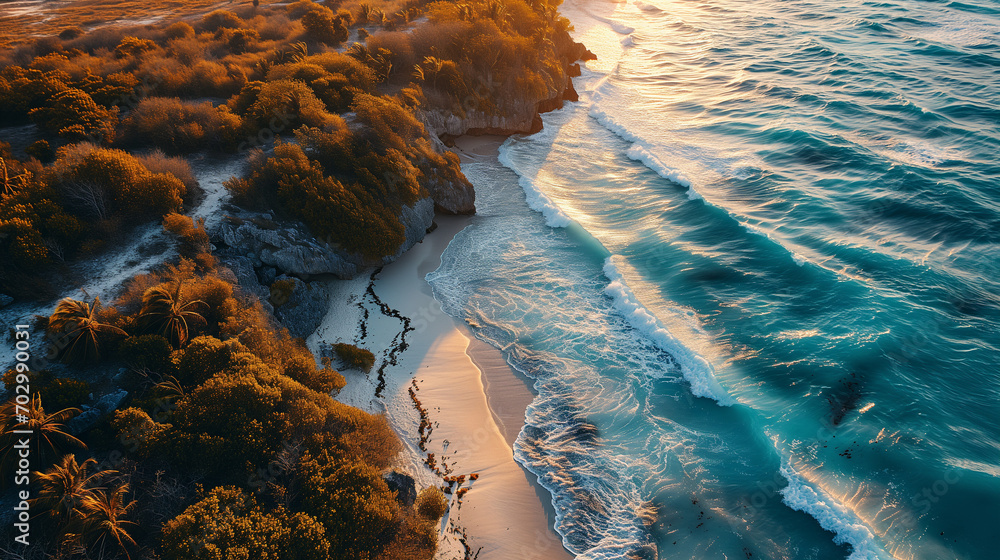 Aerial View of a Tropical Beach at Sunset