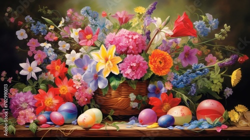  a painting of a basket of flowers and eggs on a table with other flowers and eggs in front of it.