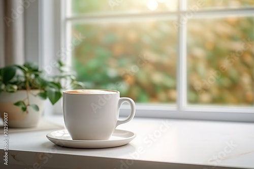 Cup of coffee on kitchen table near the window