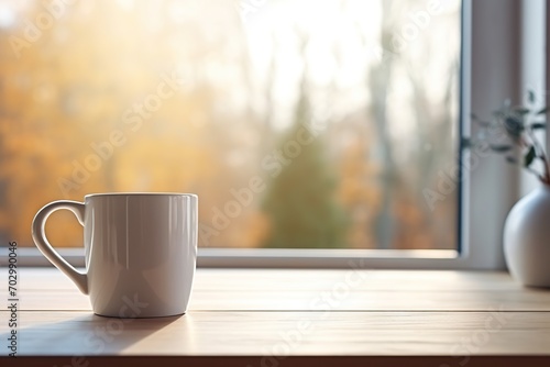 Cup of coffee on kitchen table near the window