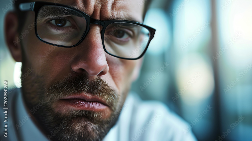 Intense Close-up of a Focused Businessman with Glasses Intense Close-up of a Focused Businessman with Glasses