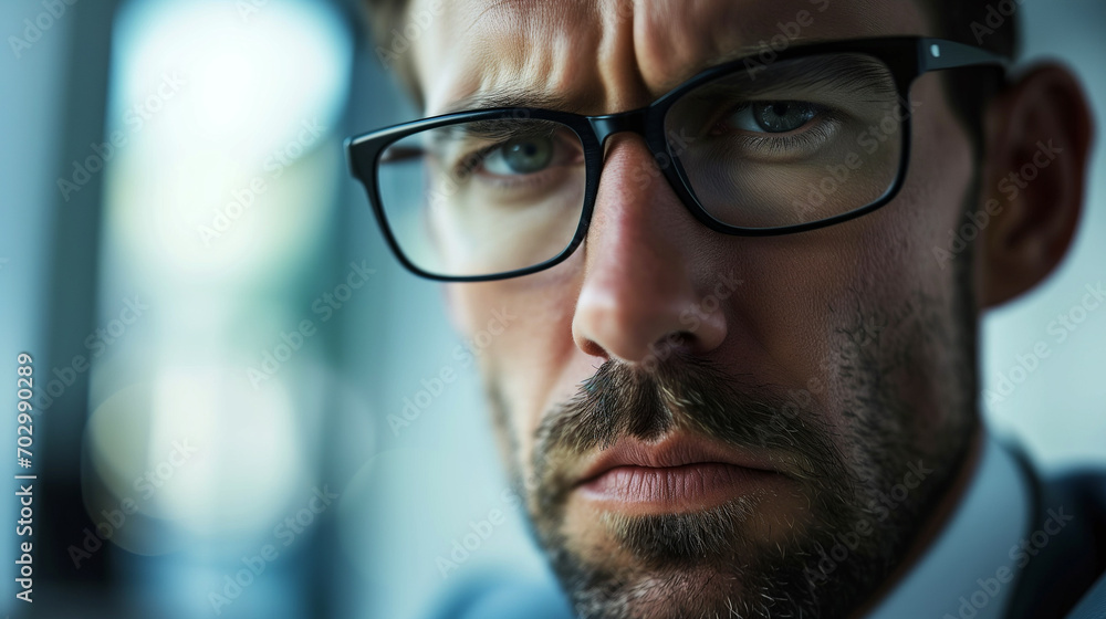 Intense Close-up of a Focused Businessman with Glasses Intense Close-up of a Focused Businessman with Glasses