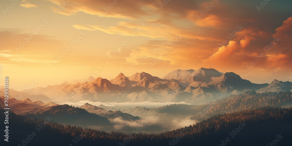Mountain landscape sunrise over the mountains range in foggy weather Fantasy Breathtaking Design bountiful background.