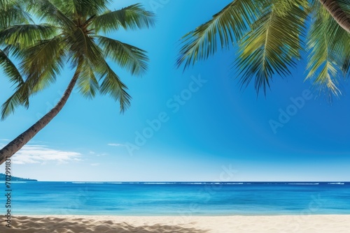 banner template featuring a tropical beach scene with clear blue skies and palm trees  © PinkiePie