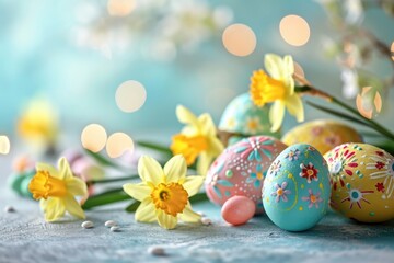 Easter pastel background with colorful easter eggs and daffodils