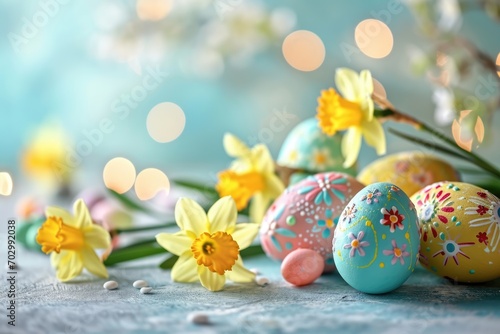 Easter pastel background with colorful easter eggs and daffodils