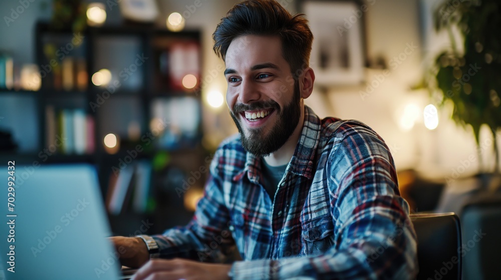 A cheerful bearded young man influencer at his desk telling something on his laptop camera with cozy homey atmosphere around him A cheerful bearded young man influencer at his desk telling something on his laptop camera with cozy homey atmosphere around him