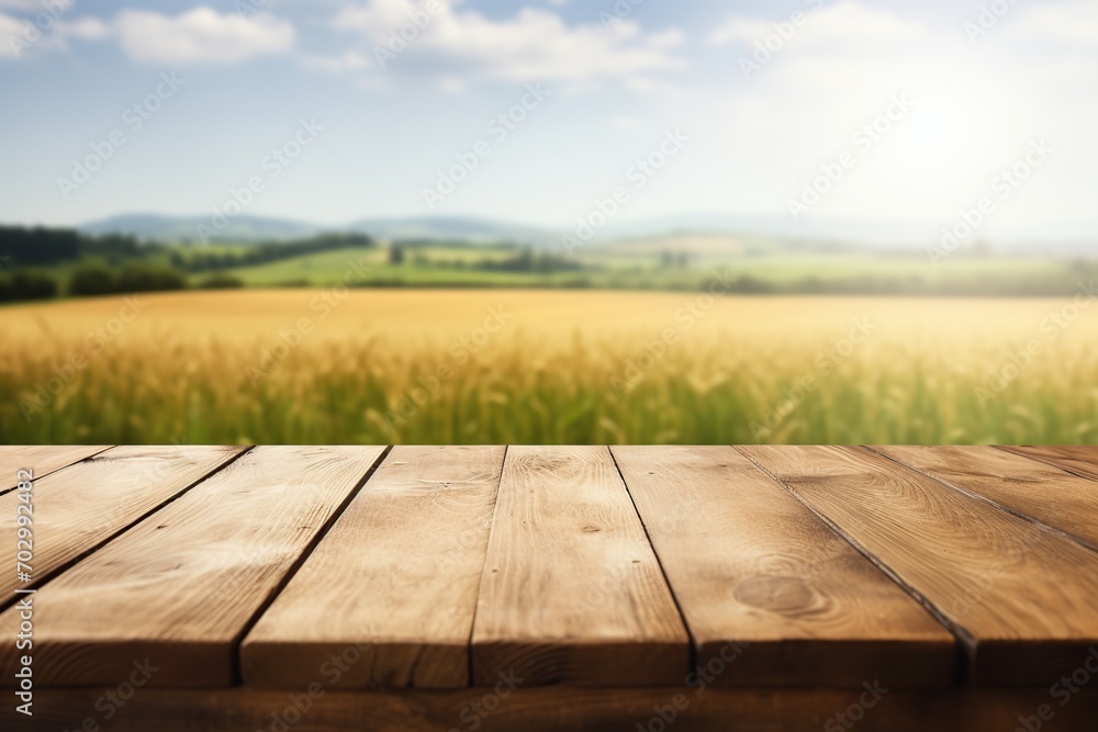 Wooden empty table with blurred wheat field background