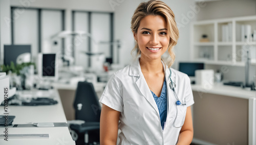 Beautiful smiling woman doctor in clinic medic