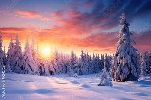 Sunset in the forest in winter period